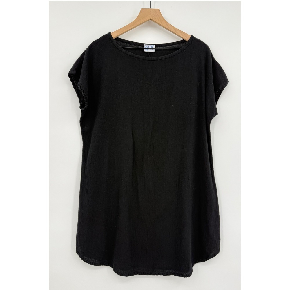 Oh My Gauze Dress Womens L/XL Black Cotton Crinkle Shift Lagenlook Boho